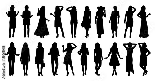 A collection of 20 diverse female silhouettes in various poses, highlighting body shapes and attire. Ideal for fashion lookbooks, design mockups, and architectural or artistic presentations.