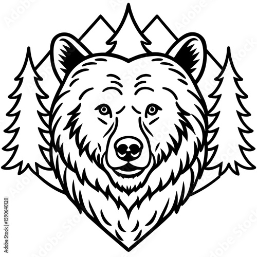 Majestic bear head design featuring pine trees and mountain peaks, suitable for logo, emblem, or brand identity.