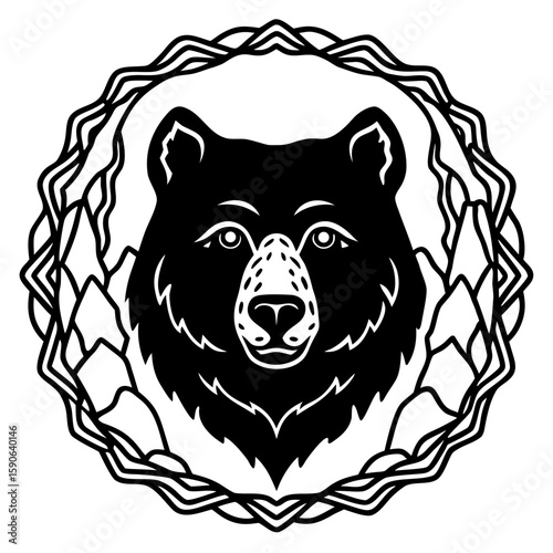 Majestic bear head design featuring a wreath and mountain elements, perfect for outdoors, wildlife, and nature-themed graphics.