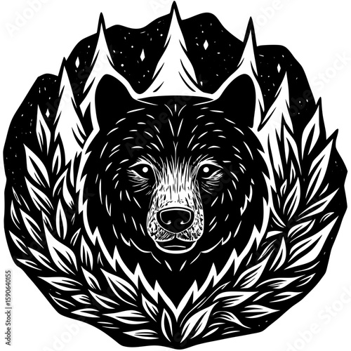 Striking bear design with forest and leaf elements, ideal for apparel, posters, and nature-themed branding projects requiring a bold, detailed animal graphic.