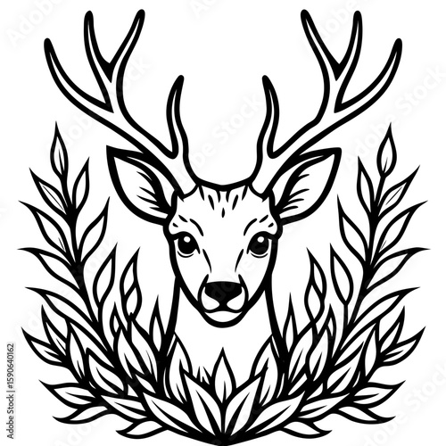 A regal deer head enclosed in foliage creates an elegant graphic, suitable for branding, rustic designs, nature-themed projects, or decorative applications.