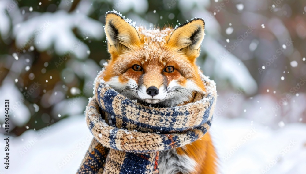 Obraz premium A tiny fox wrapped in a scarf, snow gently falling