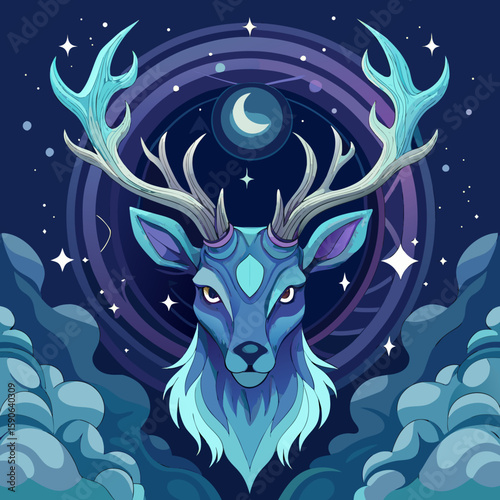Enchanting stag head with mystical celestial elements, perfect for unique graphic designs, fantasy projects, and magical themed projects.