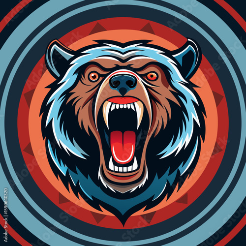 Roaring bear head with detailed tribal style background makes for a powerful mascot, suitable for branding and design projects.