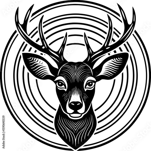 Graceful deer head with stylized antlers and concentric circles, making a bold graphic suitable for apparel, wildlife themes, or branding.