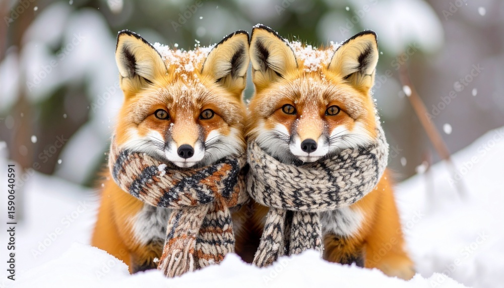 Obraz premium A tiny fox wrapped in a scarf, snow gently falling