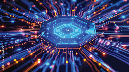 Ai chip technology circuitry with glowing lines illustrating artificial intelligence processing.