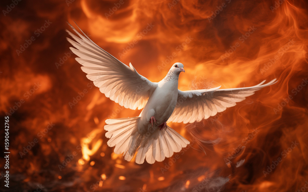 Obraz premium A dramatic photograph of a white dove in flight against a backdrop of intense orange and red flames. The dove's wings are fully extended, displaying pure white feathers in sharp detail.