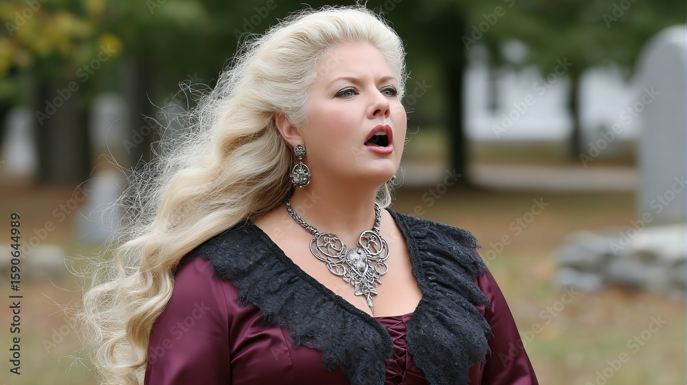 Naklejka premium Woman in historical costume singing outdoors at a gravesite during fall season event
