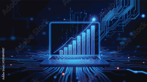 Digital data analytics illustrating business growth and technological advancements on a laptop.