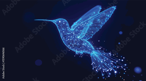 Digital hummingbird artwork depicting technology and connectivity against a deep blue background.