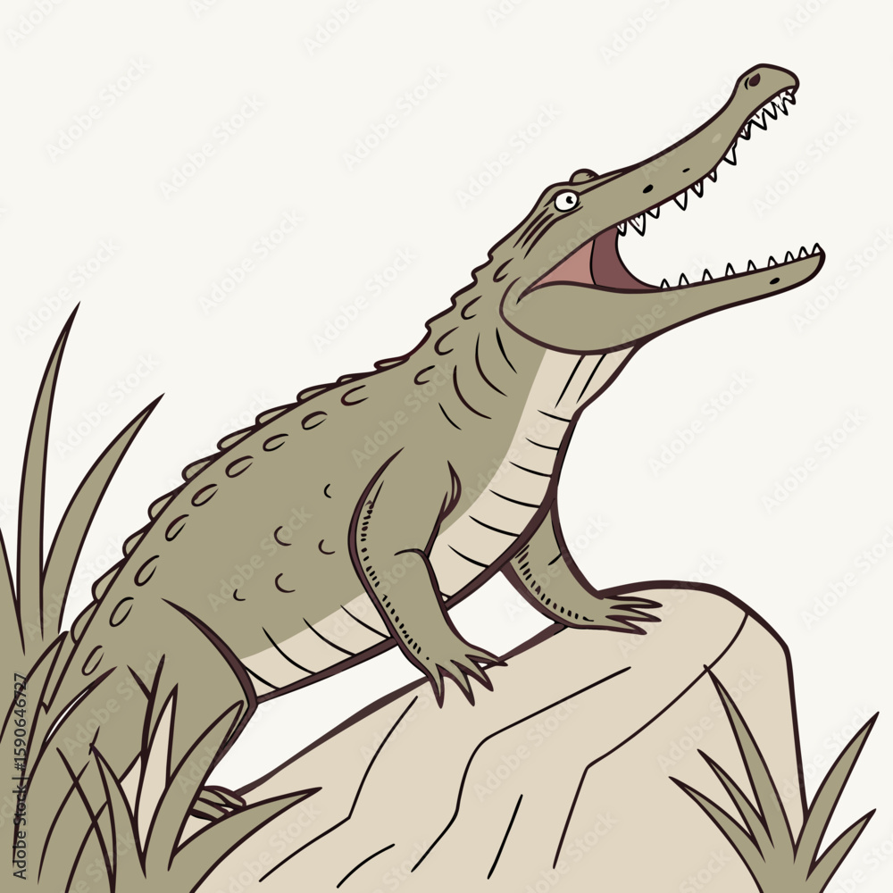 Fototapeta premium Illustration of a gharial with its mouth open standing on a rock surrounded by tall grass blades