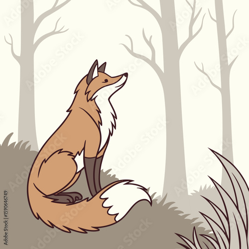 A cartoon fox sitting in a forest looking up with trees and grass in a muted color palette illustration