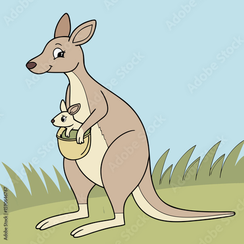 Cartoon illustration of a kangaroo with a joey in its pouch standing in a grassy field under a blue sky