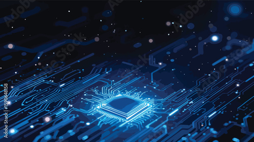 Digital processor chip with glowing circuitry and abstract data flow in blue tones.