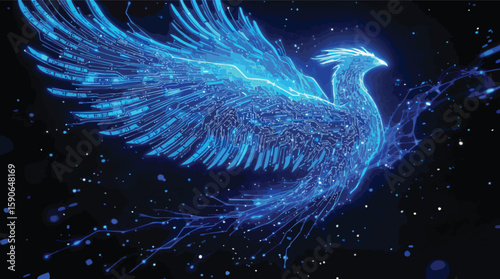 Digital phoenix bird with circuit board design and futuristic technology illustration.