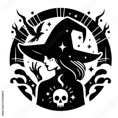 Mystical Witchcraft: An enchanting silhouette of a witch, adorned with a wide-brimmed hat, is encircled by mystical elements—a skull, a raven, and celestial stars—evoking a sense of arcane magic.