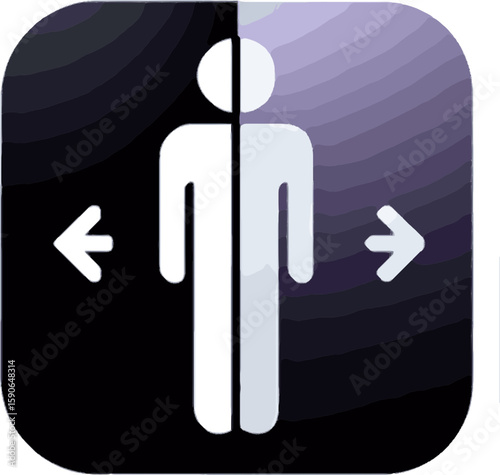 abstract split human figure icon with left and right arrows and purple gradient background
