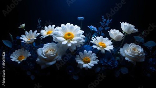 Elegant White Roses and Daisies Against Dark Blue Background