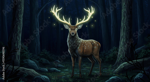Colored pencil illustration of mythical deer with glowing antlers in moonlit forest