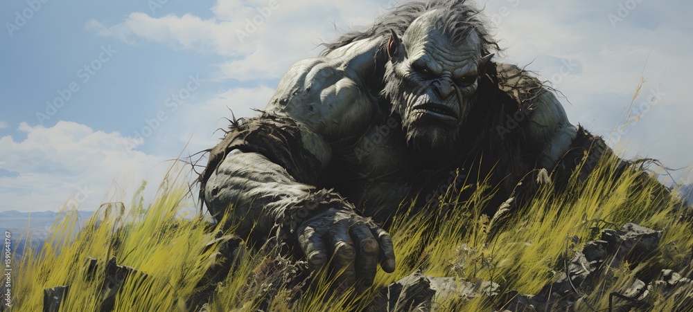 Fototapeta premium A haunted gothic High Ogre perched on a wind-swept hill ,ai generative