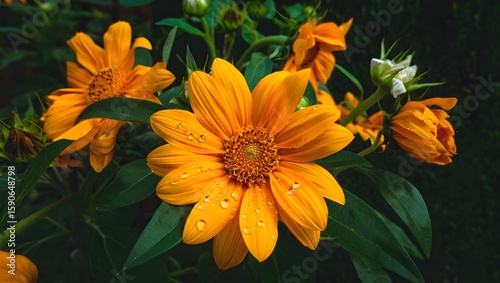 Vibrant Orange Zinnia Flowers with Dew Drops - Close-up