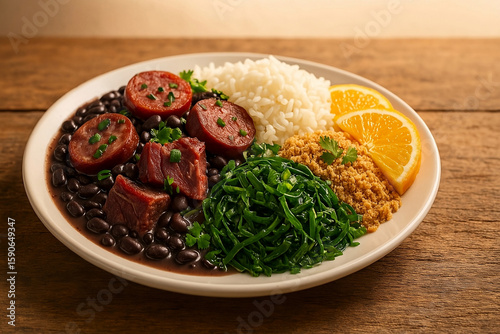 Traditional Brazilian Feijoada with Rice, Collard Greens, Farofa, and Orange