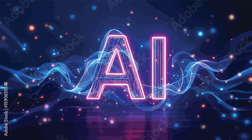 Futuristic ai technology concept featuring illuminated letters and abstract digital particles in a dark space.