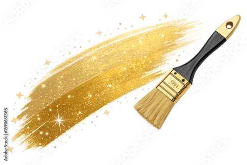 Black paintbrush with sparkling gold brushstroke, glittery abstract paint smear