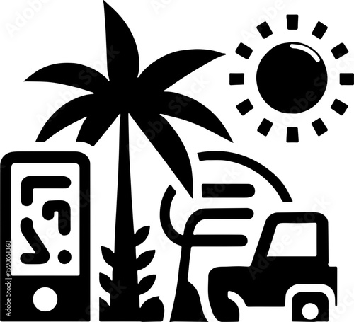 black and white illustration combining travel icons: palm tree, car, map on smartphone, and sun,  vacation or road trip
