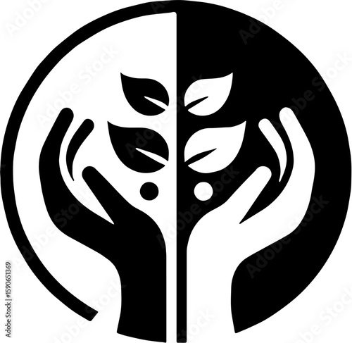‎black and white circular icon showing two hands holding a growing plant,  care, growth, and sustainability