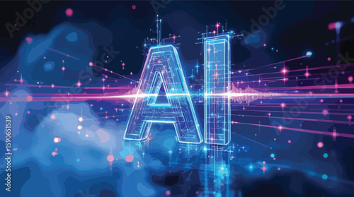 Futuristic depiction of artificial intelligence with illuminated ai letters and digital background.