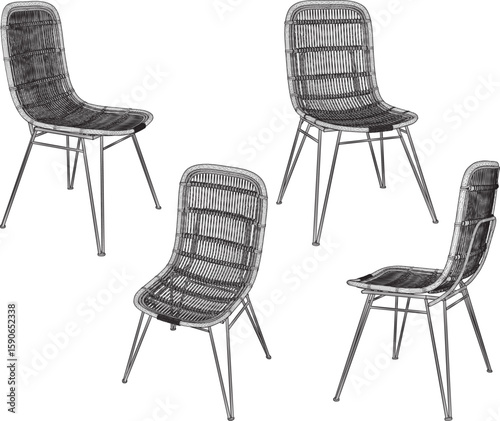 Vector sketch illustration of wooden rattan chair design silhouette for relaxing on the terrace of the house