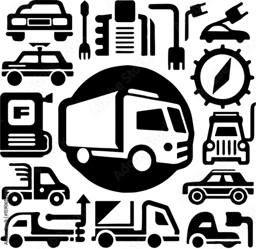 black and white transport and automotive icon set with truck car fuel compass and key symbols
