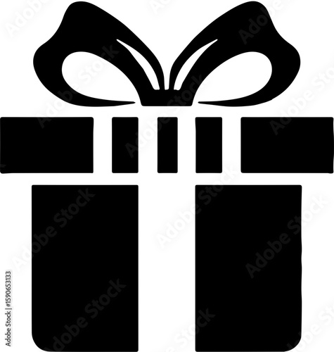 simple black and white illustration of a square gift box tied with a ribbon and bow, clean and minimal design