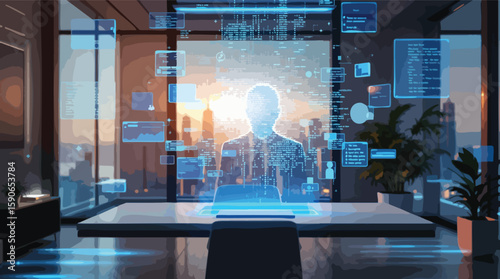 Futuristic office environment depicting a holographic interface and advanced technology.
