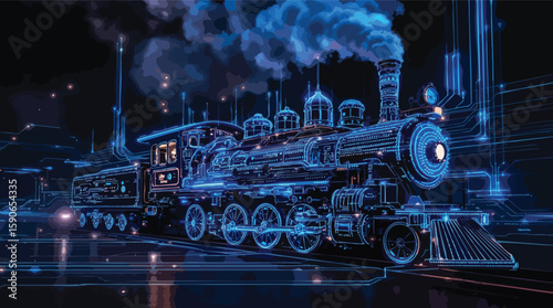 Futuristic steam train in neon blue lights depicting technological innovation and the future.