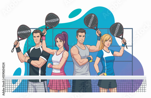 A confident mixed padel team of four players posing at the court.