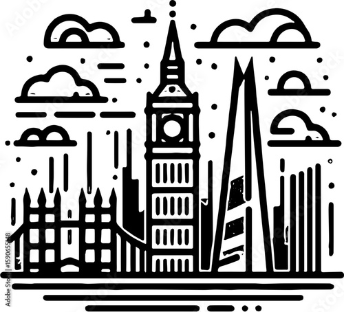 black and white london skyline illustration with big ben shard stylized clouds and dotted background

