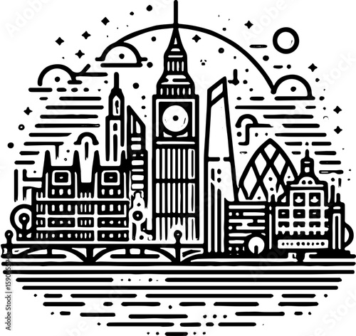 black and white london skyline illustration with big ben shard parliament gherkin circular abstract border and stars