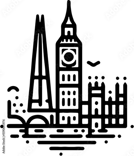 black and white simplified london skyline illustration with shard big ben bridge and dotted elements

