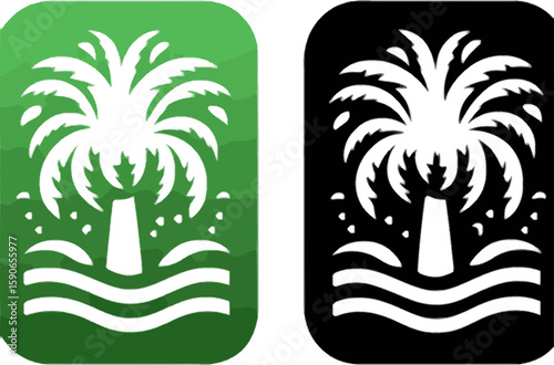 ‎black and white palm trees on separate with waves