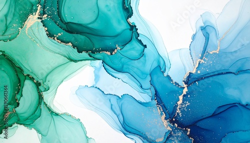 Abstract fluid art with flowing teal, turquoise, and dark blue patterns accented by gold—evoking elegance, motion, and depth
