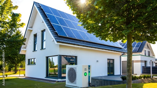 Modern white house with solar panels on the roof and an outdoor heat pump unit
