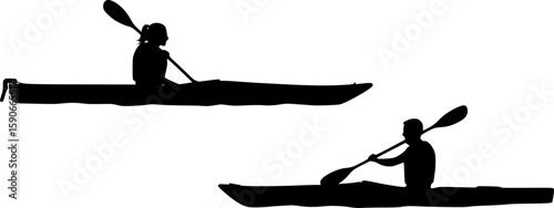 2 vector silhouettes of a male and female "flat water" kayaking together in a tandem kayak. 2 Vector Silhouettes of a man kayaking and a woman kayaking in a single	