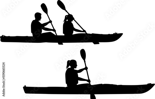 2 vector silhouettes of a male and female "flat water" kayaking together in a tandem kayak. 2 Vector Silhouettes of a man kayaking and a woman kayaking in a single	