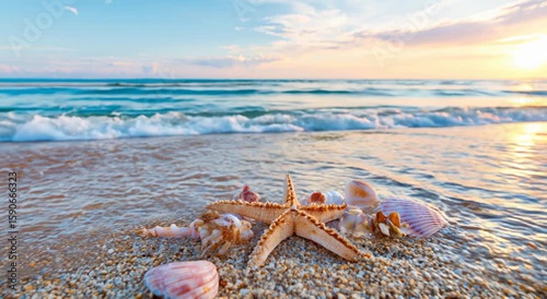 Beautiful Seashells and Starfish on Sandy Beach