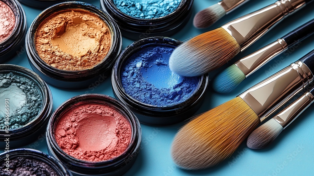 Naklejka premium Colorful Makeup Powder Cases and Brushes Set, for Beauty Tutorials, Product Display, Fashion Beauty Blogs