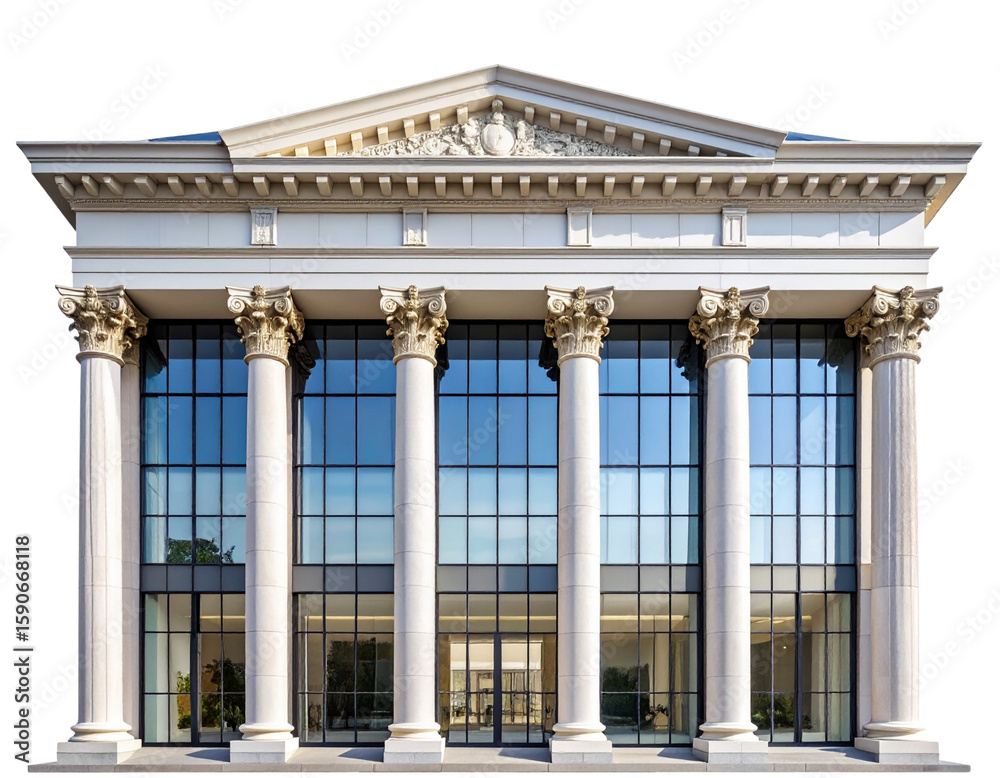 Obraz premium Front-Facing View of Modern Office Building with Large Glass Windows and Classical Columns, Isolated PNG