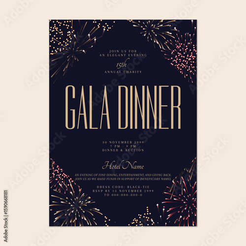 Charity gala dinner invitation features stylized fireworks in shades of gold and red on a dark purple background